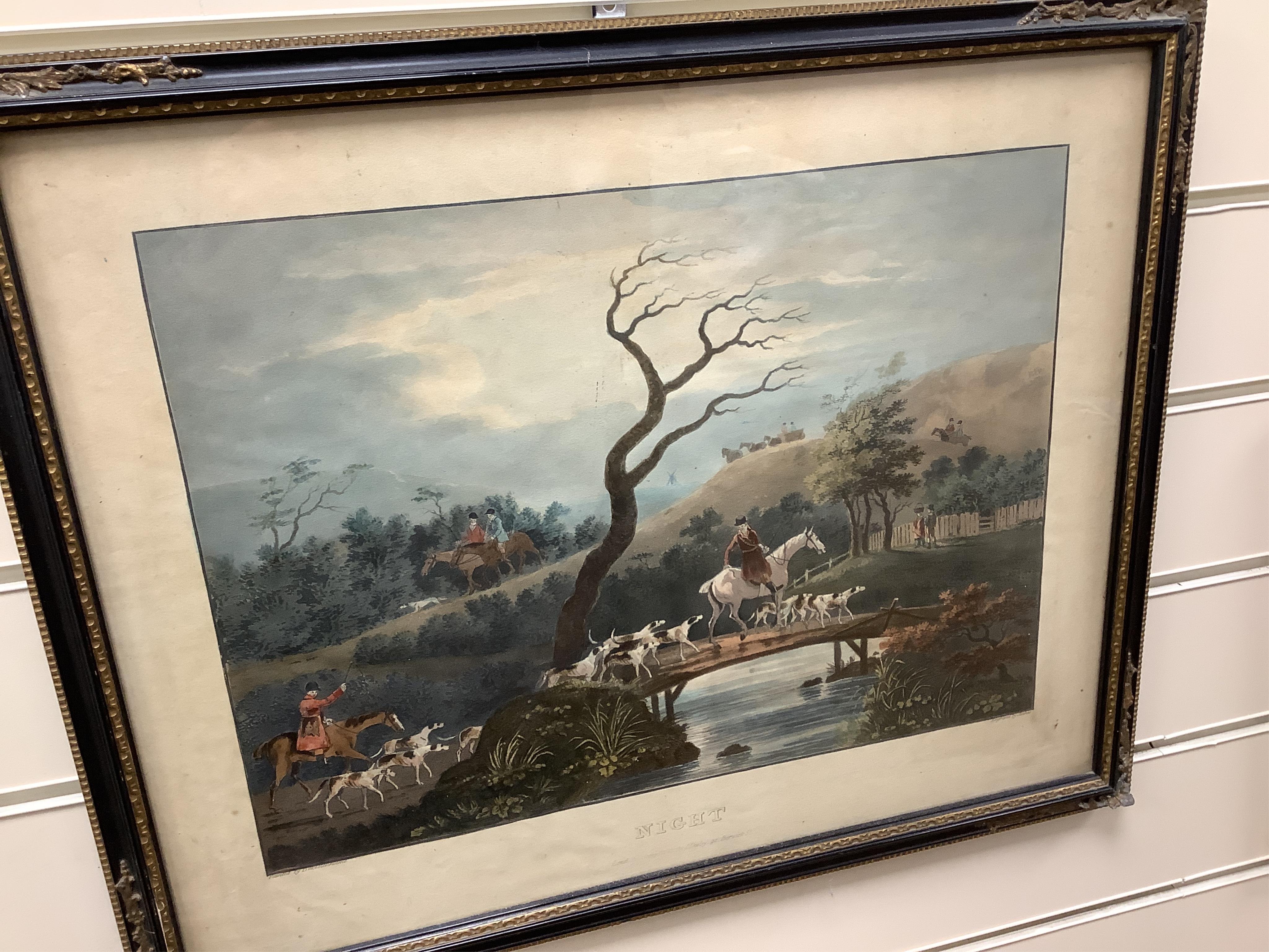 After Dean Wolstenholme (1757-1837) and Edward Hull, eight hunting interest lithographs to include: 'Unkenneling', 'Breaking cover', 'Morning' and 'Afternoon', 32 x 42cm